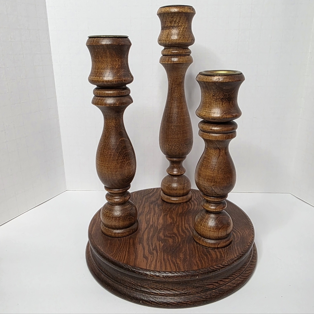 Vintage Hand Crafted Solid Oak Candelabra With Brass Tone Inserts